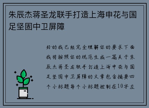 朱辰杰蒋圣龙联手打造上海申花与国足坚固中卫屏障 朱辰杰蒋圣龙联手打造上海申花与国足坚固中卫屏障